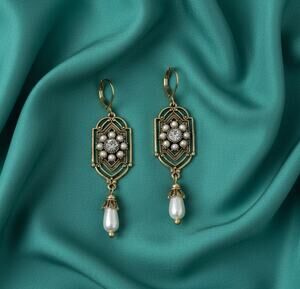 Museum Earrings Geometric Pearl Gold Dangle Crystal CZ Vintage Flower Art Deco